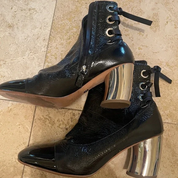 Proenza Schouler Leather Lace-Up Boots with Curved Mirrored Heel - Picture 1 of 9